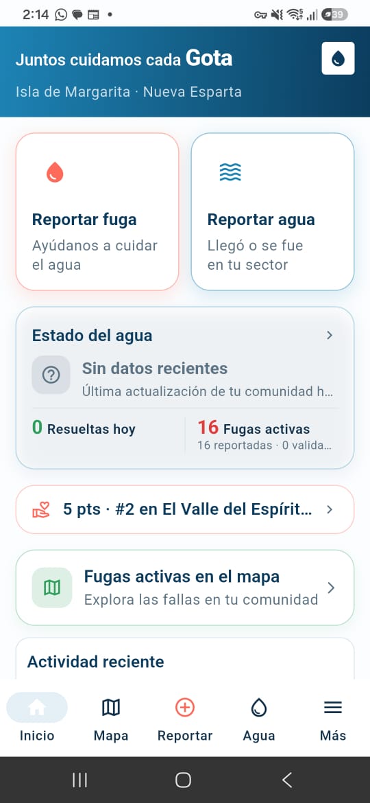 Pantalla de inicio de Gota